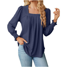 Blusa feminina azul-marinho de manga comprida, elegante e casual, com decote quadrado, cor sólida, ideal para a primavera e o outono de 2023.