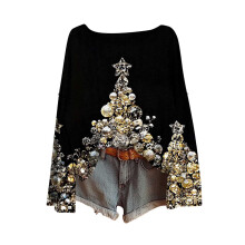 Gebreide damespullover met lange mouwen, ronde hals en kerstprint, een warme, casual wintertop – perfect voor de feestdagen en de herfst.