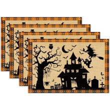Halloween Placemats Set of 4, 12x18", Washable Woven Vinyl, Non-Slip & Heat-Resistant – Party/Kitchen/Dining Decor
