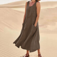 Vestidos de verano para mujer, vestido largo de lino informal sin mangas, vestido largo de color liso para vacaciones con bolsillos.