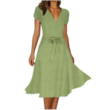Abiti estivi da donna 2024 Moda donna Scollo a V Stampa floreale a pois Abiti a maniche corte Verde B XXL