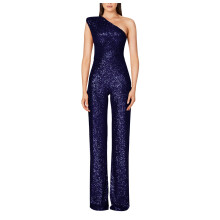 Macacão feminino Lulshou azul escuro tamanho XXL com lantejoulas, cintura alta e um ombro só, ideal para ocasiões casuais.