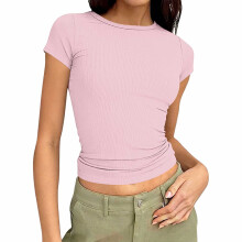 Haut pour femme, coupe ajustée, col rond, manches courtes, couleur unie décontractée, avec détail rayé sous les bras, blouse près du corps