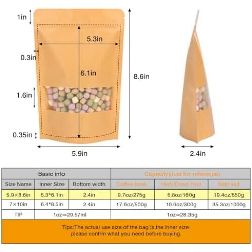 72 τεμάχια 5,9x8,6" Kraft επανασφραγιζόμενες όρθιες σακούλες με παράθυρο, σακούλες καφέ 1