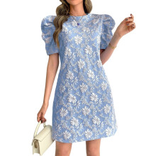Abito corto da donna a maniche corte con stampa floreale, vita alta, stile boho estivo, blu, taglia XL