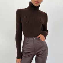 Suéter de gola alta feminino, modelagem slim, leve, manga longa, blusa de tricô quente, marrom.