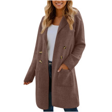 Casaco Cardigã Feminino com Zíper, Manga Longa, Forro de Lã, Tricô com Bolso, Macio e Casual para Uso em Casa, Marrom, Tamanho AXL