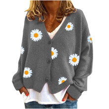 Cardigãs femininos para outono/inverno, suéteres modernos 2025, casaco casual de malha com estampa floral e mangas compridas, cinza.
