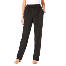 Calça feminina casual de poliéster com bolsos e cintura elástica – Cor sólida, corte reto, ideal para ocasiões formais ou informais, adequada