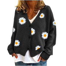 Cardigãs femininos para outono/inverno, suéteres modernos 2025, casaco casual de malha com estampa floral e mangas compridas, preto.
