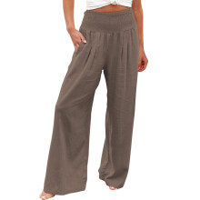 Calça Palazzo Feminina QLEICOM de Cintura Alta em Algodão e Linho, Calça de Calça de Moletom com Pernas Largas e Bolsos, Cor Café, Tamanho XL