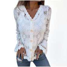 Cardigã feminino com detalhes em renda, frente aberta, tricô, acrílico vazado, peça casual para outono/inverno, decote em V, tamanhos P a 2GG.