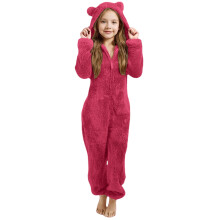 Pluszowa piżama Onesie dla dzieci – ciepły, z kapturem, zapinany na zamek, z futerkiem, w jednolitym kolorze, z długim rękawem, do noszenia w