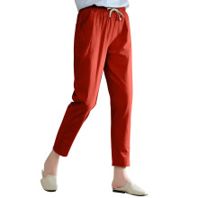 Damen-Hose aus Leinen, einfarbig, mit Tasche, locker geschnitten, gerades Bein, Radieschen.