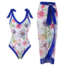 Damen-Einteiler-Badeanzug mit asymmetrischem Träger und Wickelrock, zweiteiliges Set mit Print