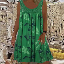 Damenkleider Frühling/Sommer Rundhalsausschnitt Spitze Patchwork Print Locker Ärmellos Freizeitkleid S-5XL