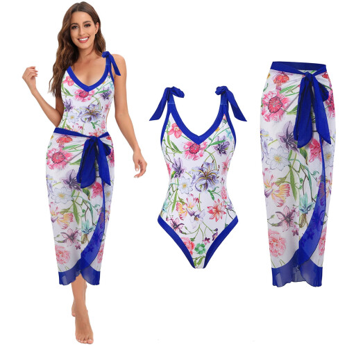 Maiô feminino de uma peça com alça única e saia longa estampada. 1
