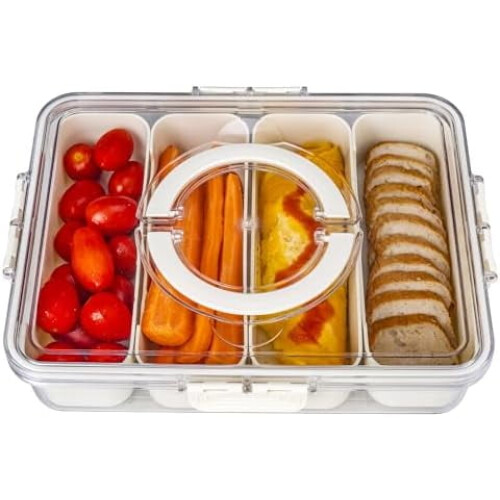 Bandeja de servir de 4 compartimentos con tapas y asas.