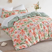 Juego de funda nórdica estampada con flores, 120 g/m², ultrasuave, con cierre de cremallera y lazos en las esquinas, color flor de durazno, tamaño