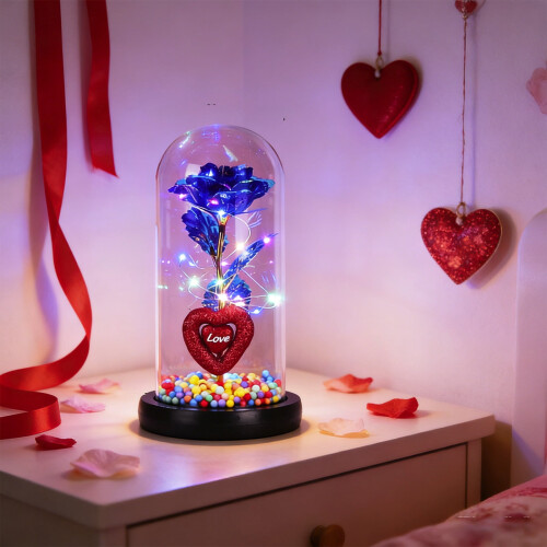 Luminária noturna em formato de coração com rosa de vidro e LED roxo.