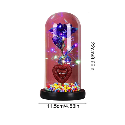 Luminária noturna em formato de coração com rosa de vidro e LED roxo. 2