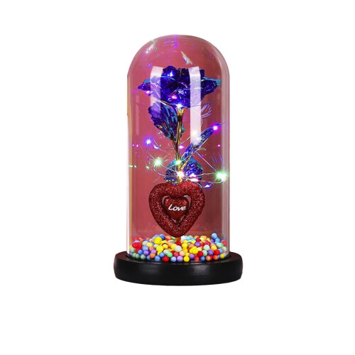 Luminária noturna em formato de coração com rosa de vidro e LED roxo. 1