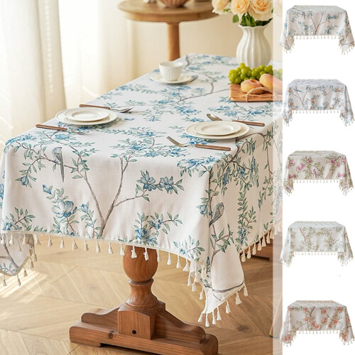 Floral & Birds Print Polyester Tablecloth 135x100cm