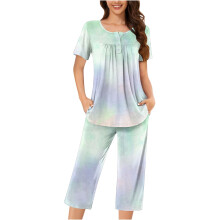 Dame casual henley nattøjssæt med tryk, knaplukning, capribukser med sidelommer, strækbart pyjamassæt, loungewear (S-3XL)