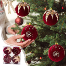 Flocked Red Christmas Ball Ornaments Set of 4, 8cm