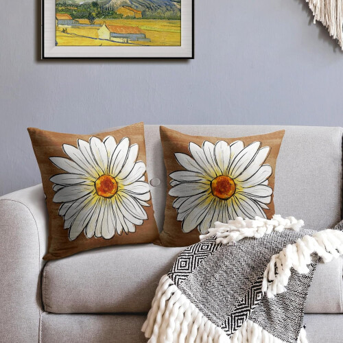 Μαξιλαροθήκες Spring Daisy 20x20, Σετ 2 τεμαχίων, Λουλουδάτες καφέ λινές θήκες μαξιλαριών 2