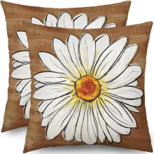 Housses de coussin Spring Daisy 50x50 cm, lot de 2, en lin marron à motifs floraux, pour canapé, lit, décoration de style champêtre et extérieur.
