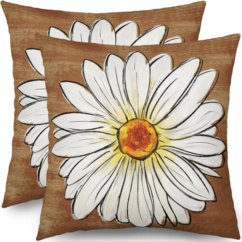 Μαξιλαροθήκες Spring Daisy 20x20, Σετ 2 τεμαχίων, Λουλουδάτες καφέ λινές θήκες μαξιλαριών