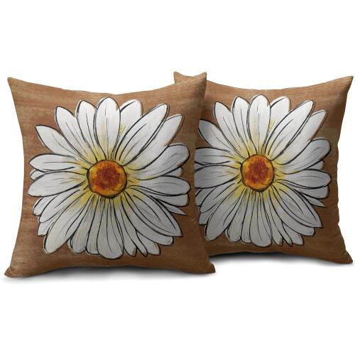 Μαξιλαροθήκες Spring Daisy 20x20, Σετ 2 τεμαχίων, Λουλουδάτες καφέ λινές θήκες μαξιλαριών 1