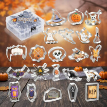 22 ks vykrajovačiek na halloweenske sušienky, nehrdzavejúca oceľ – duch, tekvica, mačka, netopier, rakva, čarodejnícky klobúk, lebka,