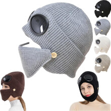 Unisex Winter Ski Beanie Hat with Goggles and Detachable Mask, Winter Thermal Hat with Glasses, Beanie with Face Mask
