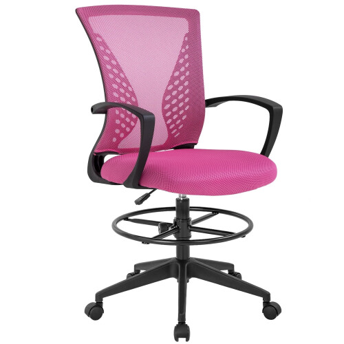 Drafting Chair Pink Mesh Adjustable Height Foot Ring