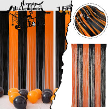 Tenda a frange metallizzate per Halloween (arancione/nero), sfondo con nastri di lamé - Accessorio per photo booth per feste, compleanni, addii al