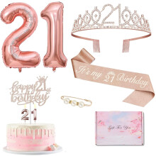Kit de décoration or rose pour son 21e anniversaire : écharpe, couronne, décoration de gâteau, bougies, ballons et boîte cadeau — Compatible
