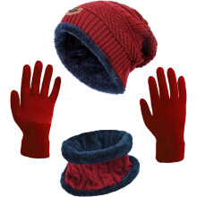 3-in-1 Winter Beanie, Scarf & Gloves Set for Kids – Warm Fleece Slouchy Hat, Circle Scarf, Touchscreen Gloves (Wine Red)