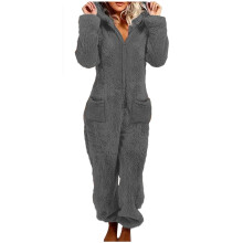 Damen-Fleece-Schlafanzug mit Kapuze und Füßen, warme Winter-Nachtwäsche, langärmeliger Overall mit Reißverschluss, Größen S–2XL, Grau