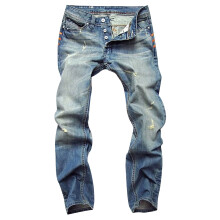 Bríste Jeans na bhFear Dath Soladach Cadás Déinim an Fhómhair Bríste Díreacha le Poill Stróicthe Fad Iomlán Bríste Tanaí le Coim Dhocht