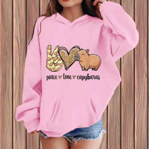 Capybara Print Hættetrøje til Piger Pink Drop-Shoulder 1