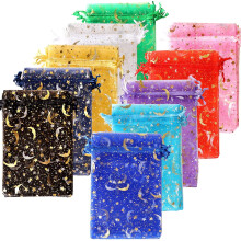 50 sachets en organza lune et étoile, 3 x 4 sachets à bijoux et bonbons en organza, sachets cadeaux en organza de couleurs assorties avec cordon de