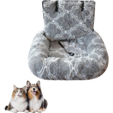 Luxury Car Dog Bed with Safety Straps, Washable Plush Booster Seat for Small/Medium Dogs – Light Gray, S (Compatible with Most Cars)
