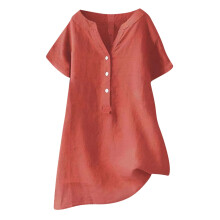Blusas de verano para mujer, tops de manga larga con cuello en V, estilo túnica holgada de algodón y lino con botones.
