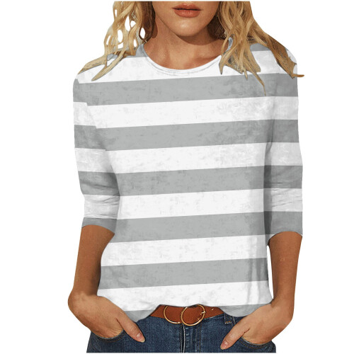 Top da donna a maniche a 3/4, girocollo, a righe, casual