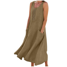 Lässiges Damenkleid, einfarbig, ärmellos, mit V-Ausschnitt und Taschen, aus Baumwoll-Leinen-Mischgewebe, fließend und bequem für Sommer, Strand