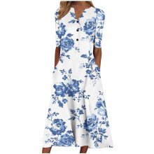 Abiti estivi da donna 2025 Abito midi ampio con stampa floreale, scollo a V, bottoni e maniche corte, stile boho da spiaggia, con tasche.