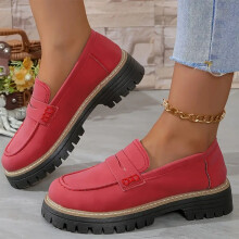 Mocassins décontractés pour femmes, bout rond rétro givré, talon épais, chaussures habillées à talon moyen – Rouge, pointure 9,5