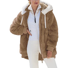 Jassen voor dames 2025 Plus size Winter Warme Losse Pluche Jas met Rits en Capuchon Khaki